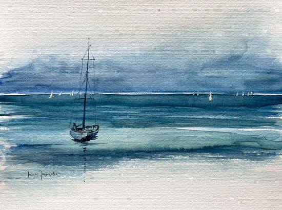 malen am meer ruhiges meer mit segelboot Segelboot im ruhigen Gewässer Aquarell