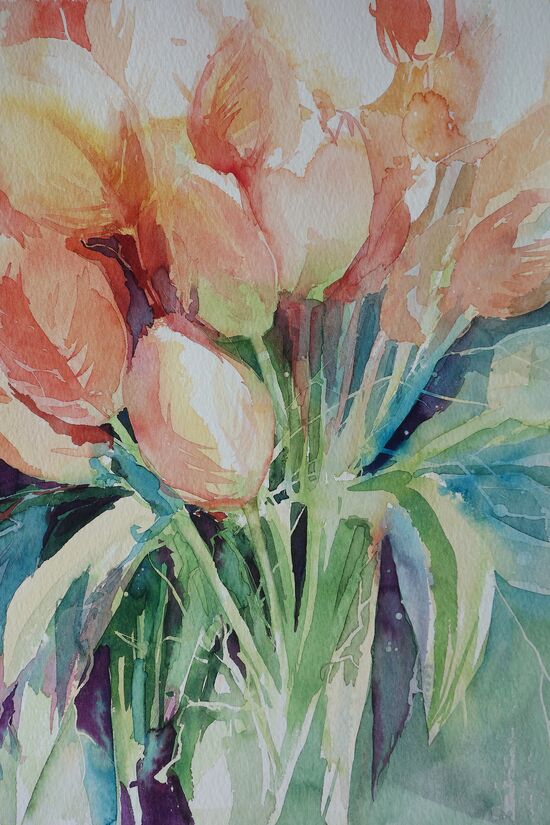 malen am meer lachsfarbene Tulpen Tulpen lachsfarbend Blumen Aquarell
