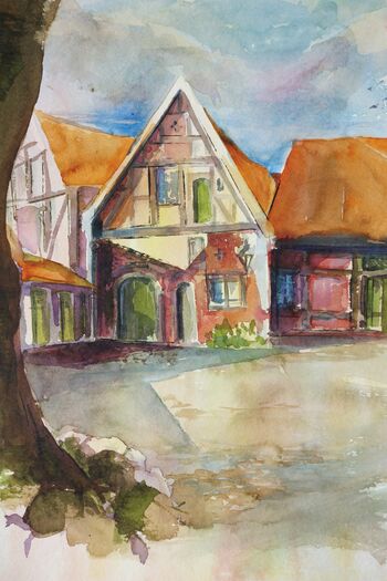 Lüneburg roter Hahn Fachwerkhaus Aquarell