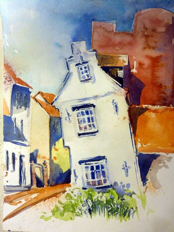 an der Stadtmauer schräges Haus Lübeck Aquarell