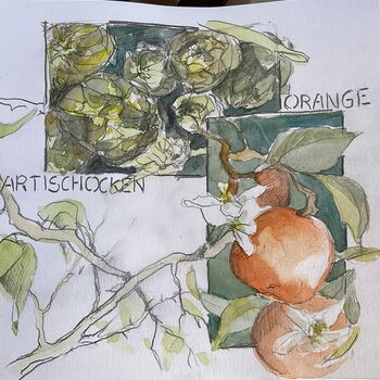 Ein Sketchbild mit Zitronen, Artischocken und Orange
