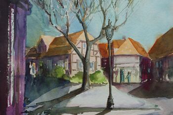 Aquarell Lüneburg an der Kirche Häuser
