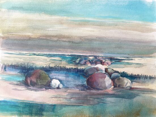 Steine im Wasser und Watt Aquarell mit Stiften