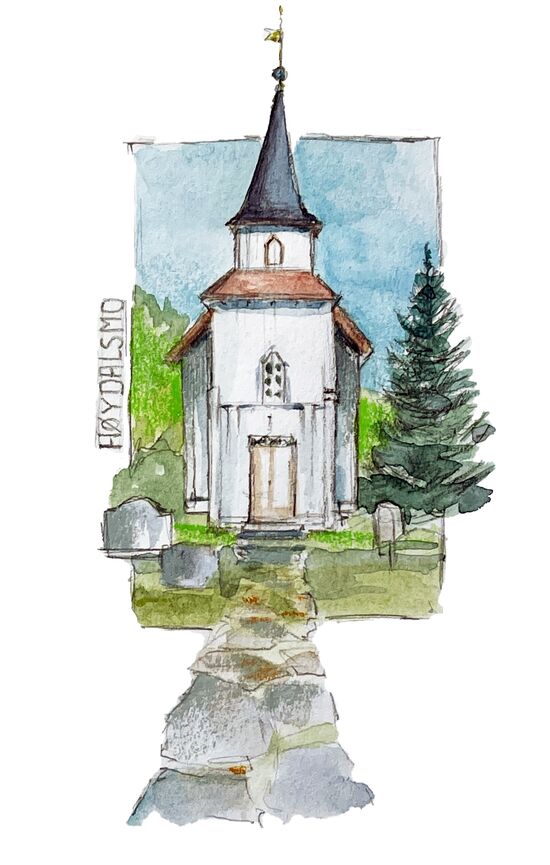 Floeydalsmo Kjerke Norwegen Zeichnung Aquarell