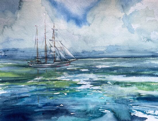 malen am meer segelboot Dreimaster schiff Segelschiff gemalt im Aquarell