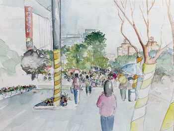 china straßenszene illustration aquarell
