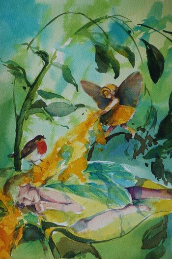 schlafende Elfe Figur liegend Illustration Aquarell