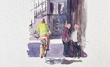 radfahrer in der stadt gemalt radfahrer und männergruppe gemalt