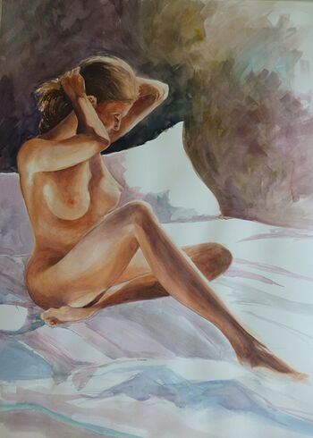 akt Frau nackt sitzend Aquarell