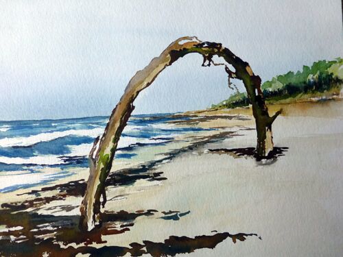 Brücke am Strand im Aquarell