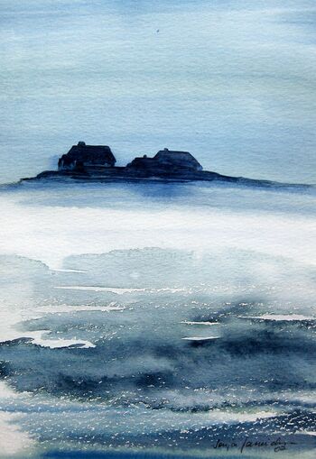 hallig aquarell gemälde malerei nebel meer teife