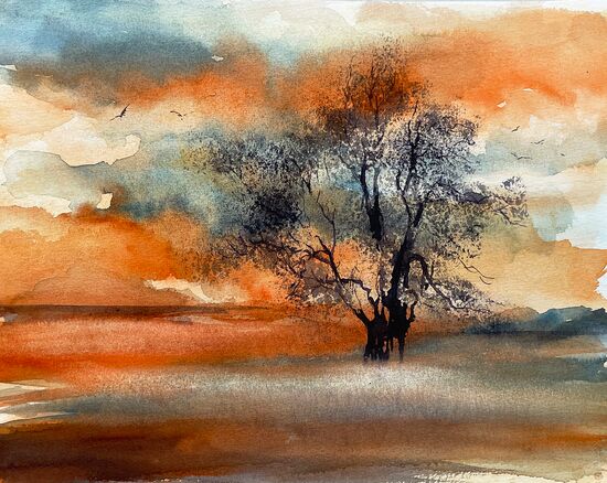 Sonnenuntergang Baum Herbststimmung orange Aquarell malen