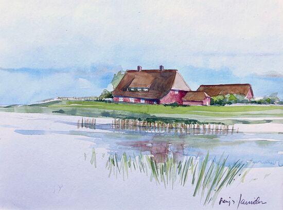 Haus am Meer hallig meer aquarell malerei reedhaus