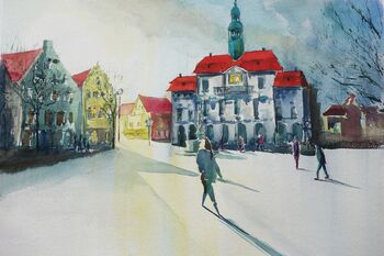Marktplatz Lüneburg Rathaus Personen Licht Aquarell