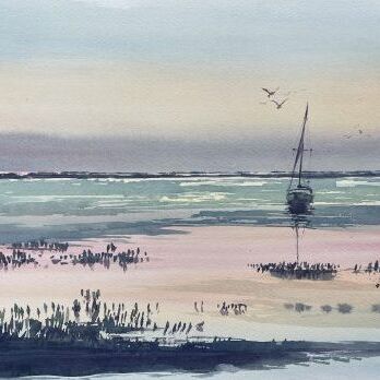Meer Segler Sonnenuntergang Aquarell