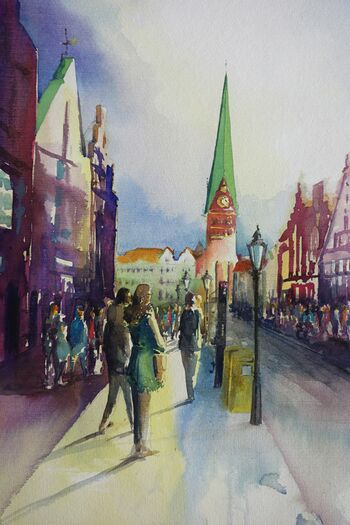 Lüneburg am Sande Straßenansicht im Aquarell