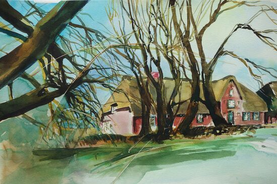 malen am meer reetdachhaus Reetdachhaus Landschaft Aquarell