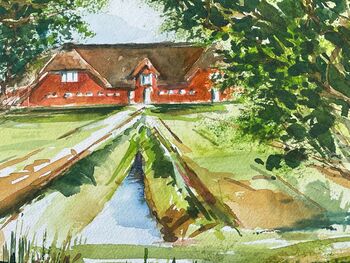 Reetdachhaus Hof auf dem Land Aquarell