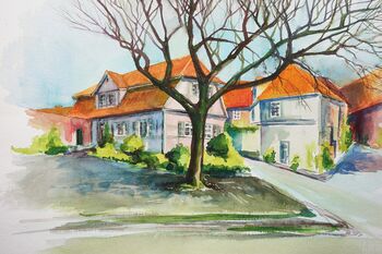rosa Haus Lüneburg Baum Aquarell