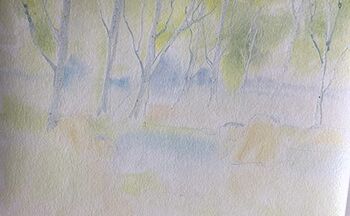 birken steine rubbelkrepp malen Wasld mit see aquarell