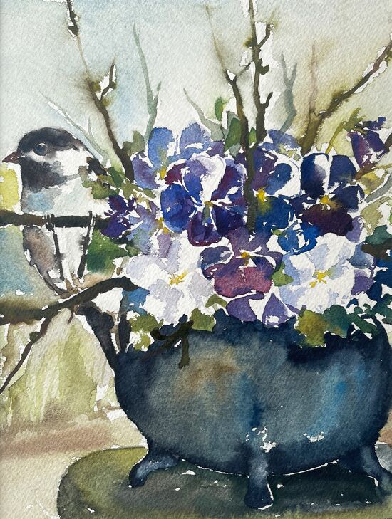 malen am meer stiefmütterchen Vogel Stiefmütterchen Grütztopf Aquarell