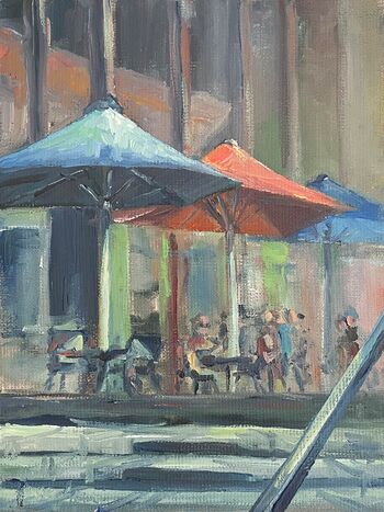 Straßenszene Sonnenschirme Cafe Ölbild