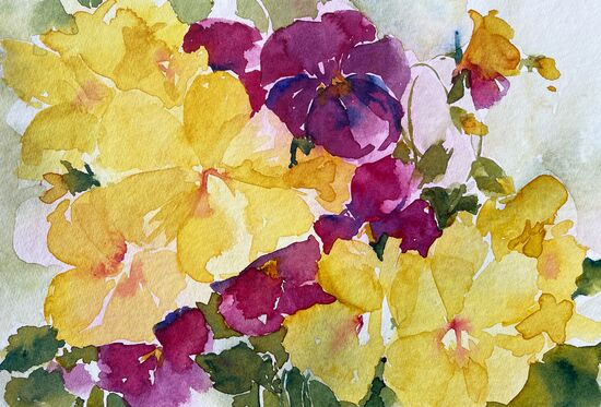 malen am meer stiefmütterchen gelbe und lila Stiefmütterchen Aquarell Blumen malen