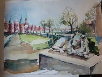 Holstentor Lübeck mit Löwe Aquarell
