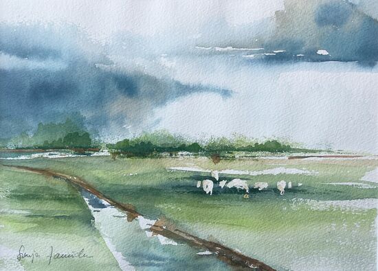 malen am meer schafe am deich Schafe am Deich Aquarell Landschaft