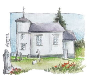 Oefjell Kyrkje Norwegen Kirche Zeichnung Aquarell
