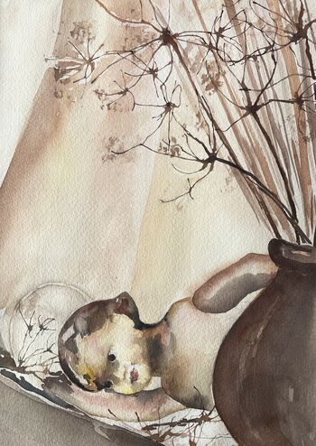 alte Puppe mit Trockenblumen Aquarell