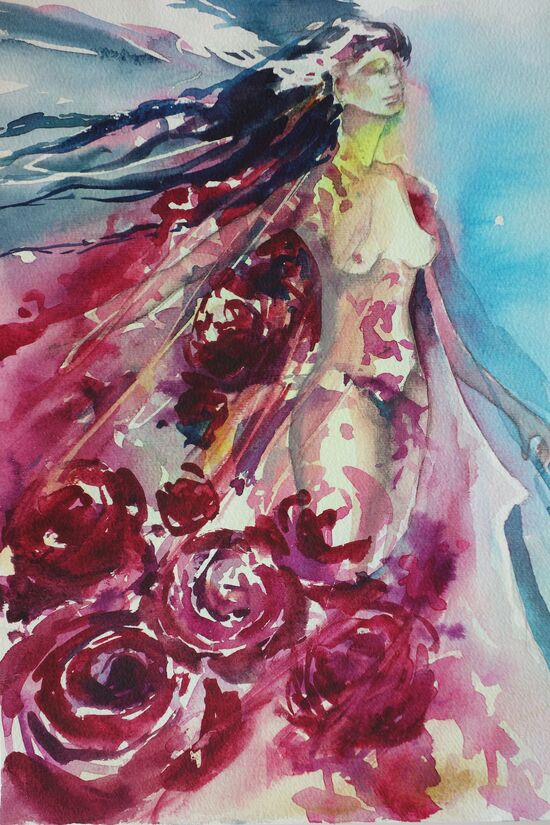 malen am meer akt Frau mit Rosen akt Frau mit Rosen im Aquarell