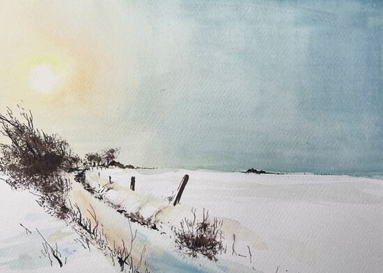 malen am meer schneelandschaft Schneelandschaft mit Sonne Aquarell