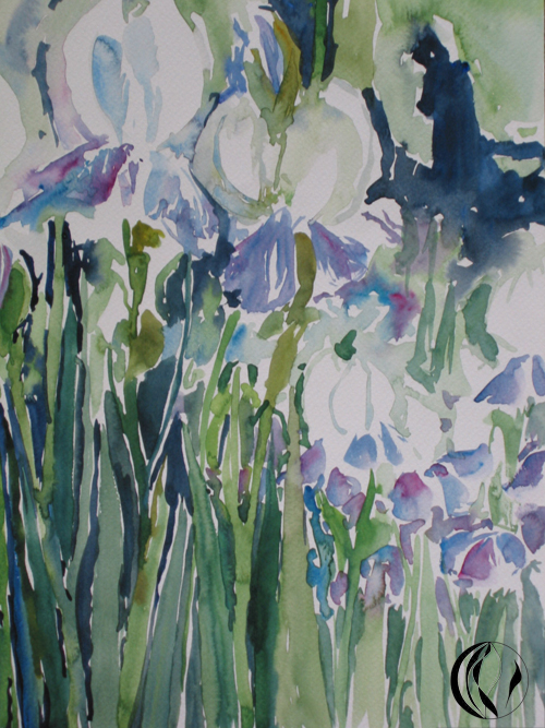 weiss blaue Iris Blumen im Aqaurell
