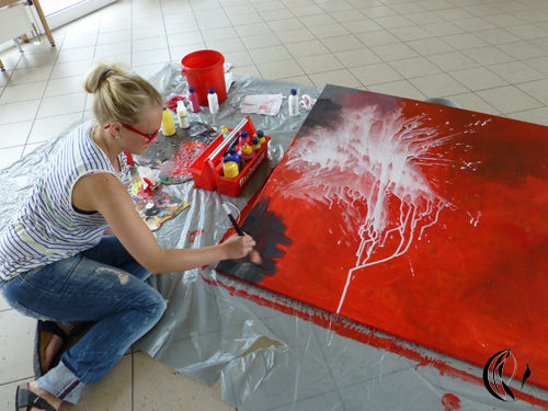Acryl Gemälde abstrakte rote Landschaft mit Linien - handgemalt