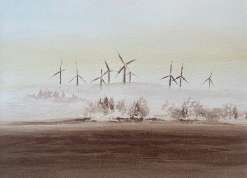 Windkraftanlagen im Nebel Aquarell