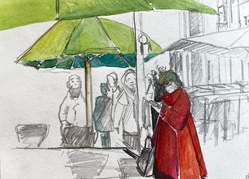 skizzen mit regenschirm und rotem Mantel