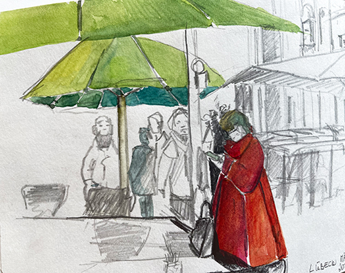 skizzen mit regenschirm und rotem Mantel