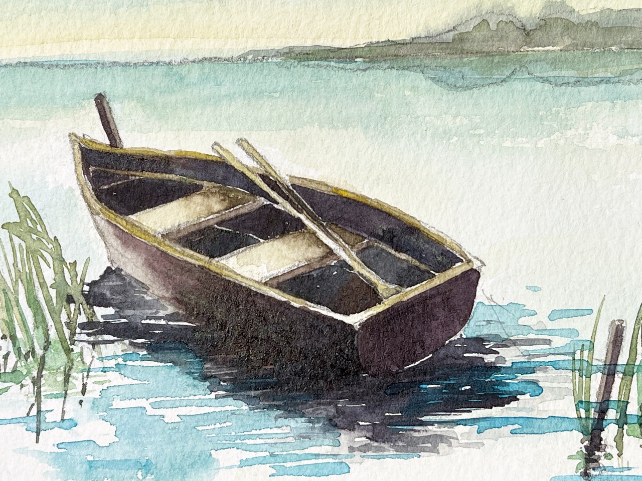 Ruderboot im stillen Wasser aquarell malen