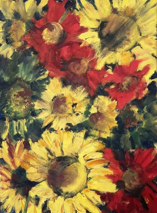 Sonnenblumen rot gelb Blume Blumenstrauß Ölbild