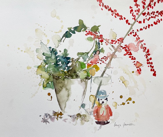 weihnachtsbild räuchermännchen efeu blume malen aquarell