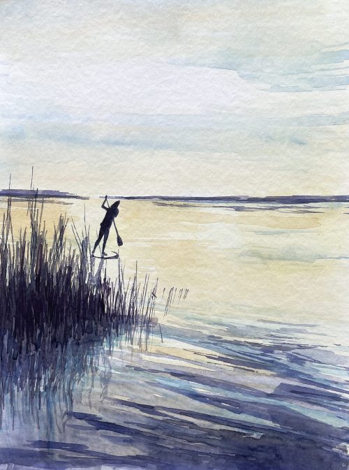 Gegenlicht Stand up paddling ruhige See Aquarell