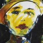gelbe Frau Portrait mit Hut Aquarell