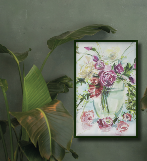 Rosen in Glasvase im Aquarell gemalt