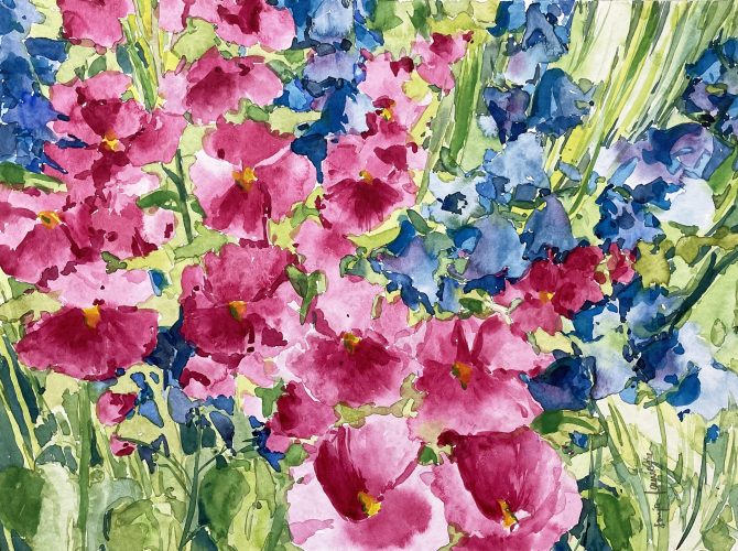 Malven und Glockenblumen pink Blumen malen Aquarell