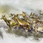 Rehe Herde rennen weg Tiere malen Aquarell