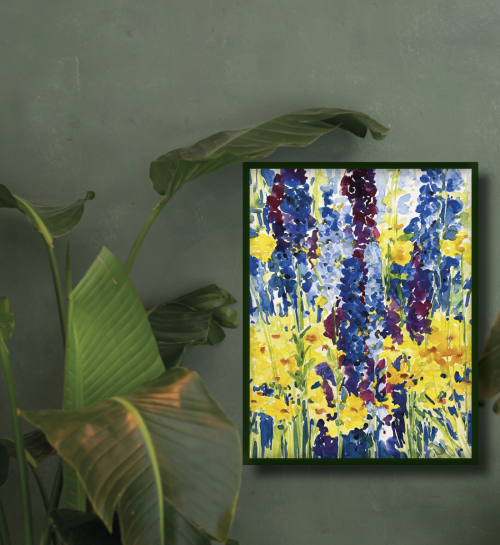 Rittersporn Blumenbeet bunt gemalt mit Aquarell