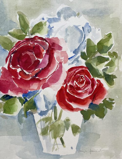 rote Rosen in Vase abstrakt Aquarell malen