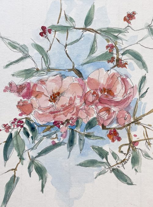 rosa rosen mit ilex Blumen malen Aquarell