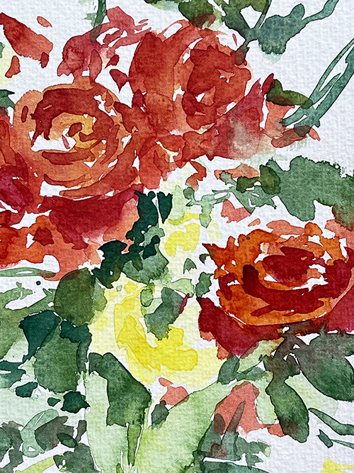 rote Rose mit Königskerze Blumen malen Aquarell